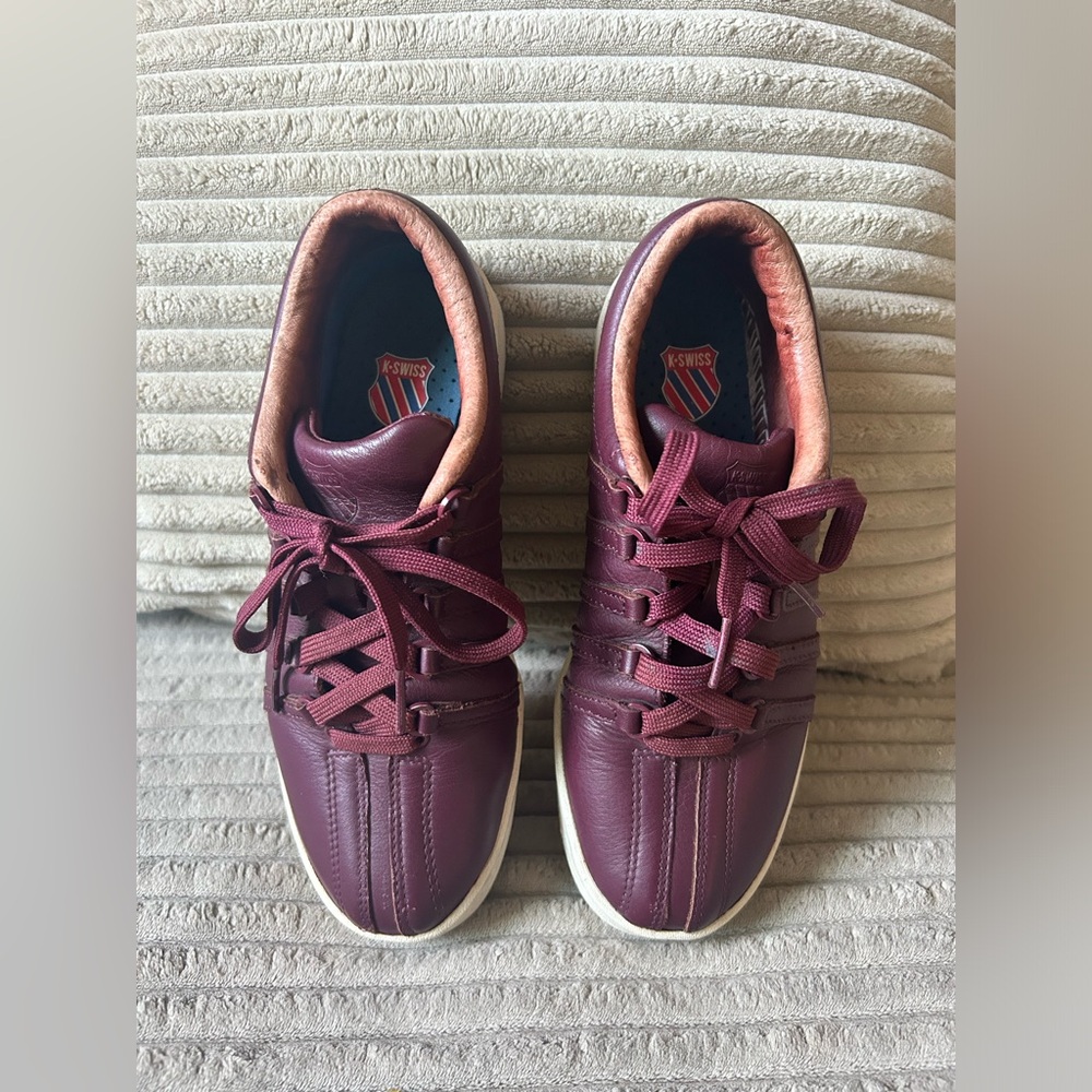 Ksw purple trainers with a burgundy tint , featuring a leather upper and lining